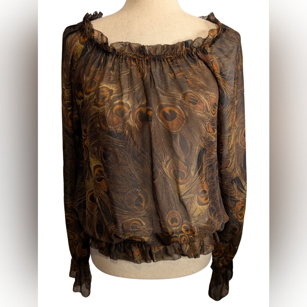 Rachel Zoe 100% Silk Semi Sheer Peacock Print Bella Sleeve Blouse.